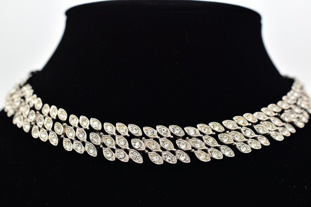 Vintage Crystal Collar Necklace Silver Pave Rhinestone Sparkling 1980s BinBJ